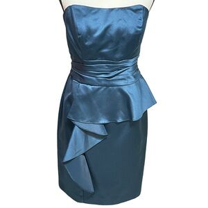 David's Bridal Sz 8 Strapless Satin Dress Asymmetrical Blue Ruffle